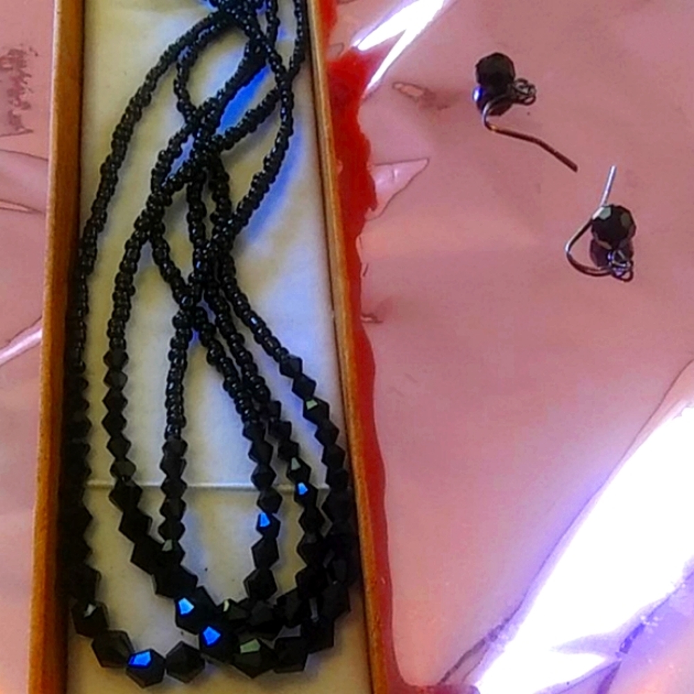 Vintage Jet Three Strand Necklace & Drop Earrings